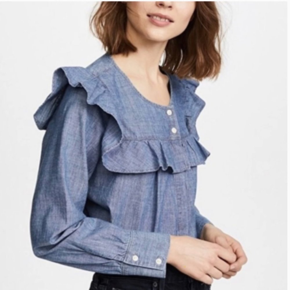 Madewell Ruffle Yolk Chambray Button Up Blouse